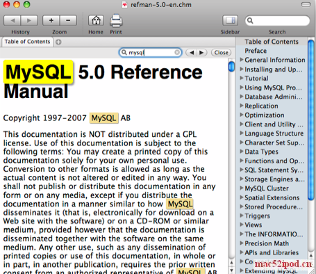 苹果电脑Mac OS X系统下的.chm电子书阅读器软件：iCHM。搜索效果截图
