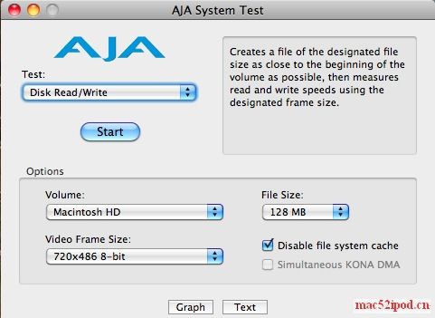 Mac OS X平台上的苹果电脑硬盘性能读写速度测试软件：AJA KONA System Test界面截图