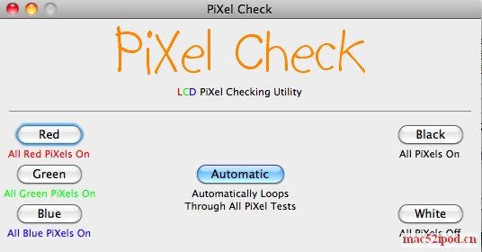 Mac OS X系统下测试苹果电脑液晶显示器屏幕坏点、亮点的软件：PiXel Check界面