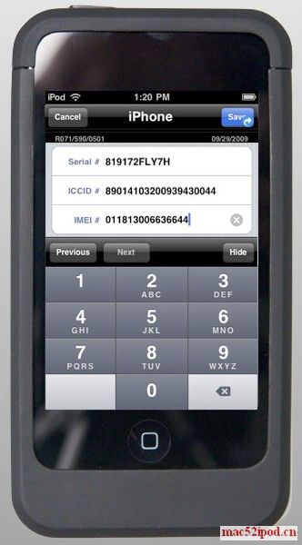苹果iPod touch改装的掌上收银机EasyPay touch，扫描条形码直接输入iPhone订购信息