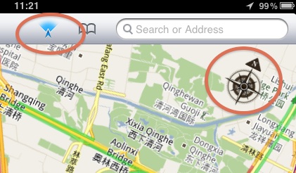 在苹果 iPad 的地图里调出指南针定向