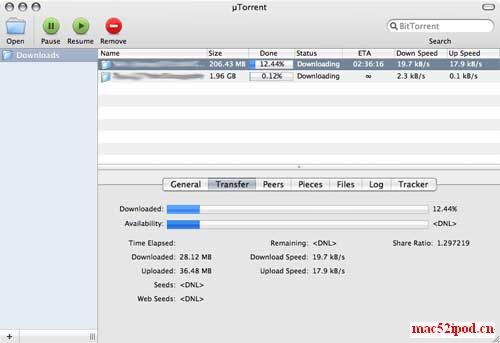 苹果电脑MacOSX系统的BT下载软件uTorrent运行界面截图