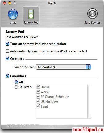 苹果iSync使手机与电脑、 .Mac 同步的界面