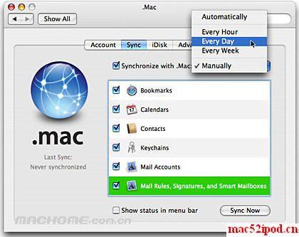 苹果iSync使手机与电脑、 .Mac 同步的界面
