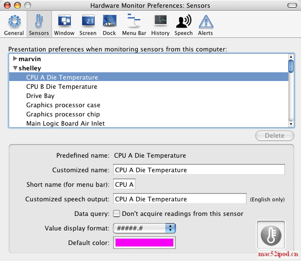 免费的苹果电脑Mac OS X系统下免费的硬件温度监控软件：Temperature Monitor界面截图